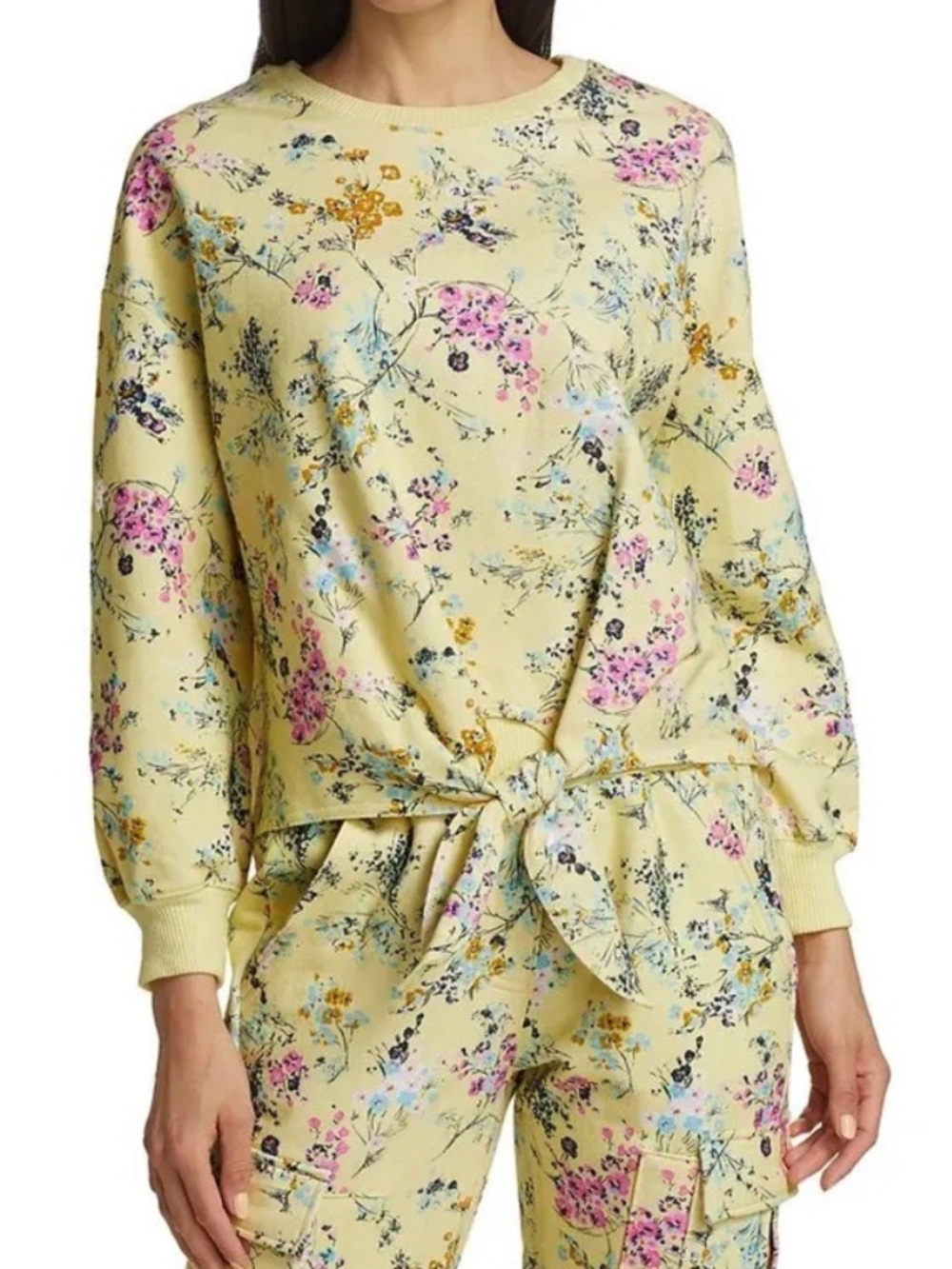Cinq A Sept Parker Sakura Floral Tie-Front Pullover Sweatshirt Lemonade Yellow